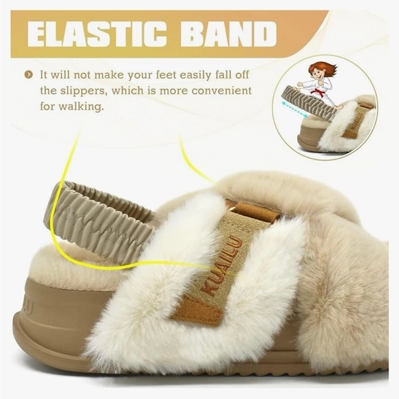 NWT Kuailu Women’s Beige Fuzzy Criss Cross Platform Slippers w/ Arch Support - 8 - Picture 4 of 9